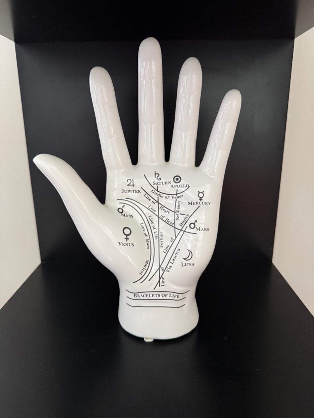 White Ceramic Palmistry Hand Display with Black Palmistry Print